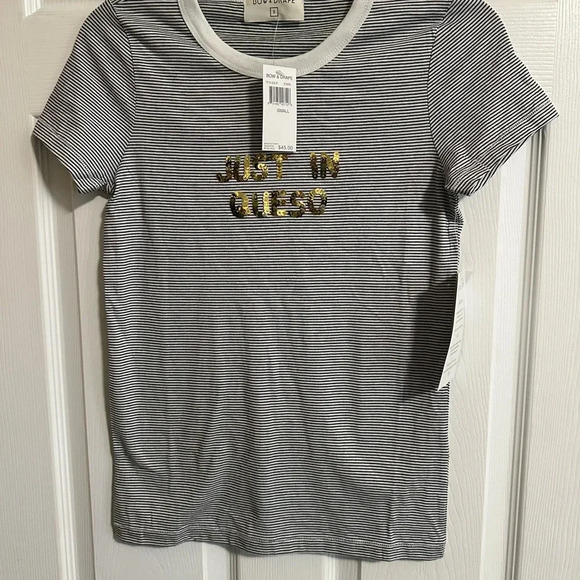 Bow & Drape Just in Queso Women's Sequin Striped T-Shirt Small Black/White NWT - Picture 2 of 5